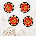 Orange and Yellow Collarette Dahlia on Black Coaster Set