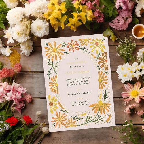 Orange and Yellow Daisies Baby Shower Foil Invitation