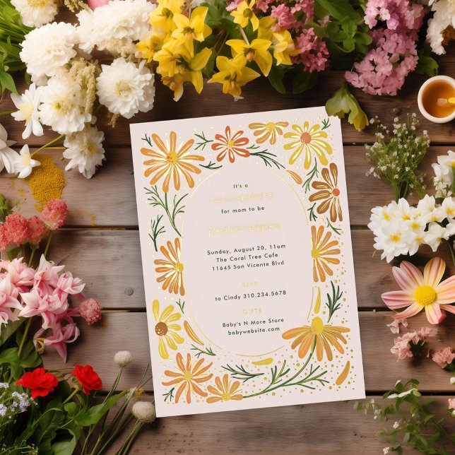 Orange and Yellow Daisies Baby Shower Foil Invitation (Creator Uploaded)
