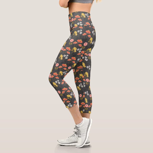 Orange and Yellow Doodle Flowers Capri Leggings (Left)
