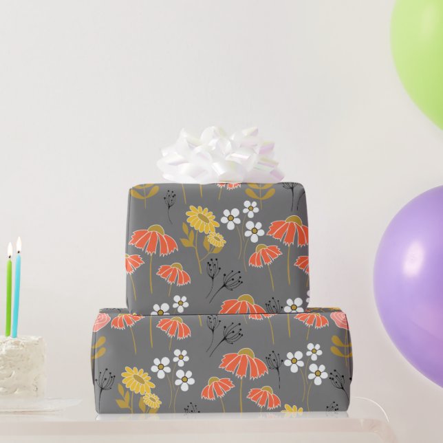 Orange and Yellow Doodle Flowers Wrapping Paper (Party Gifts)