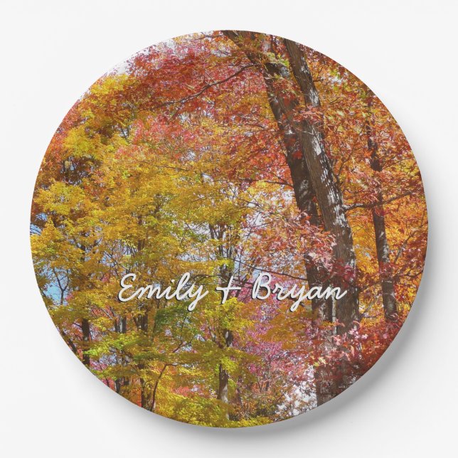 Orange and Yellow Fall Trees Autumn Photography Paper Plates (Front)