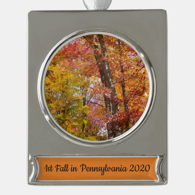 Orange and Yellow Fall Trees Autumn Photography Silver Plated Banner Ornament (Front)