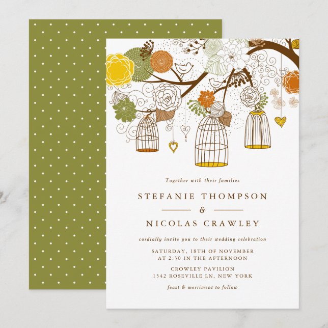 Orange and Yellow Hanging Birdcages Wedding Invitation (Front/Back)