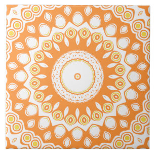Orange and Yellow Radiant Mandala Pattern Ceramic Tile