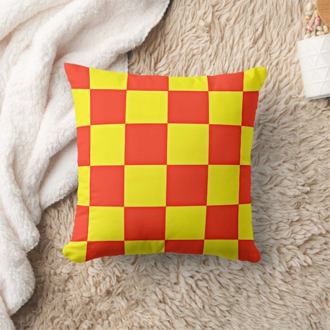 Orange and Yellow Retro Style Checkered Throw Pillow (Blanket)