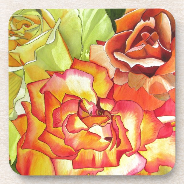 Orange and Yellow roses watercolor art Coaster (Front)