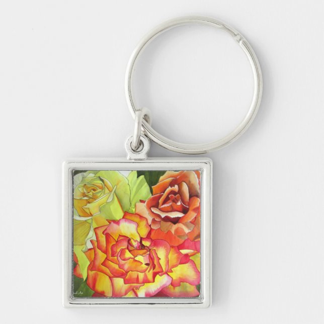 Orange and Yellow roses watercolor art Keychain (Front)