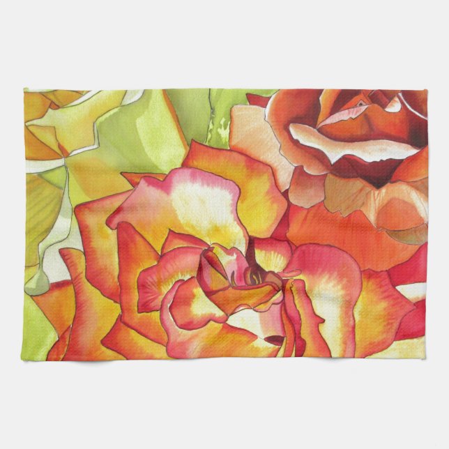 Orange and Yellow roses watercolor art Kitchen Towel (Horizontal)
