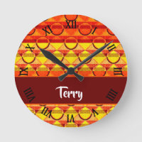 Orange and yellow textured geometric print round clock