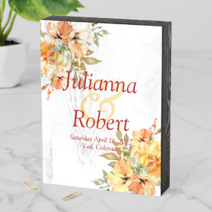Orange and yellow watercolor floral wedding woode wooden box sign