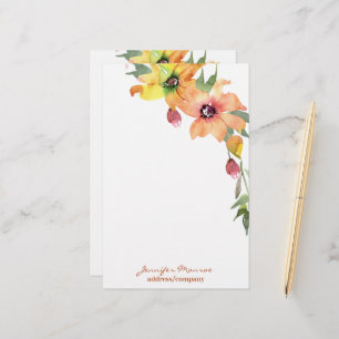 Orange and yellow watercolor flowers personalized stationery