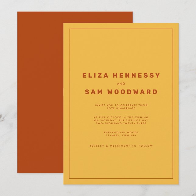 Orange and Yellow Wes Anderson Inspired Wedding Invitation (Front/Back)