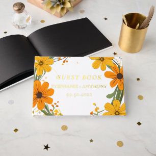 Orange and Yellow Wild Flowers Wreath Wedding Foil Guest Book