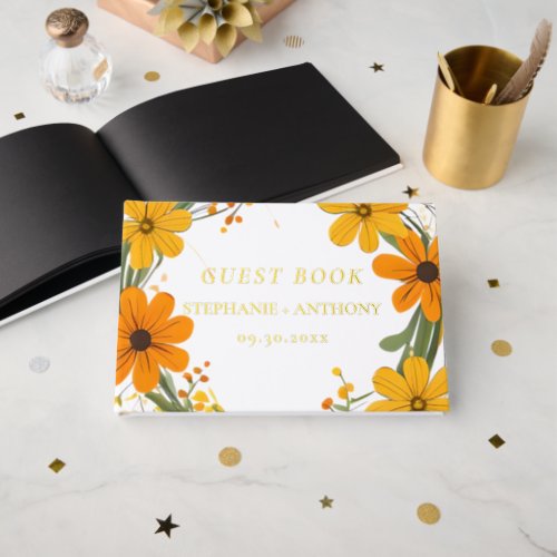 Orange and Yellow Wild Flowers Wreath Wedding Foil Guest Book