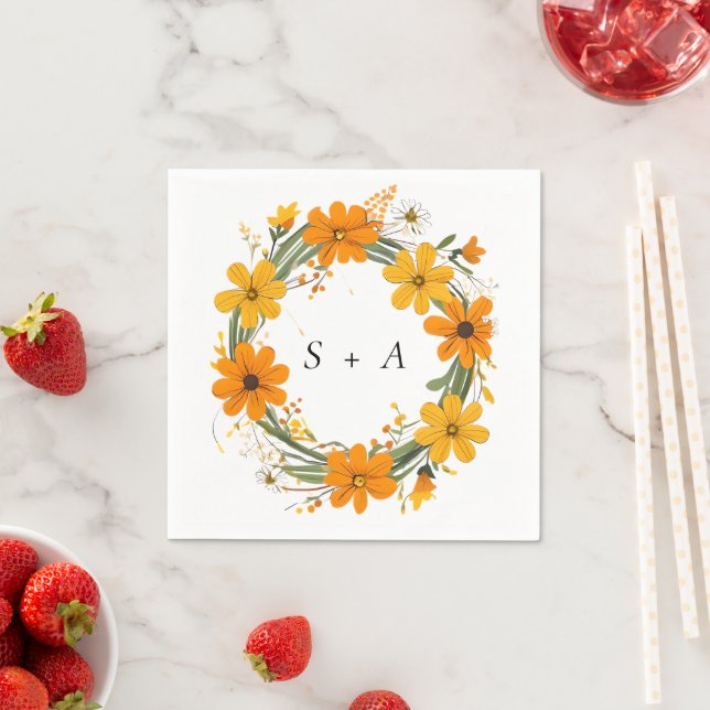 Orange and Yellow Wild Flowers Wreath Wedding Napkins (Insitu)