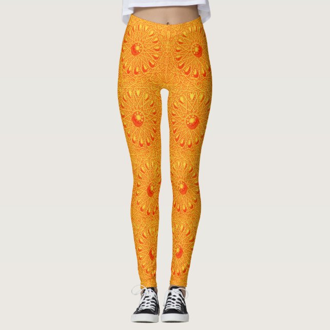 orange antique abstract flowers print leggings (Front)