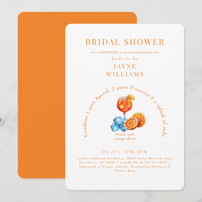 Orange Aperol Spritz Bridal Shower II Invitation (Front/Back)