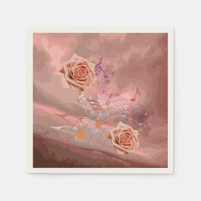 Orange & Apricot Roses &Music Ecru CocktailNapkins Paper Napkins (Front)