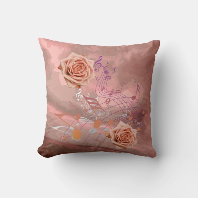Orange & Apricot Roses & Music Notes Square Pillow (Front)