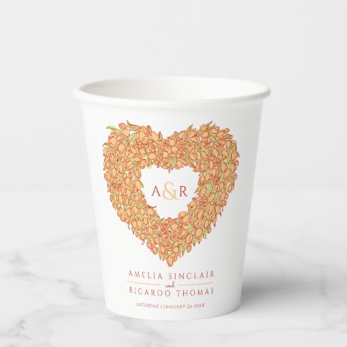 Orange apricot tulip floral wreath ink art wedding paper cups