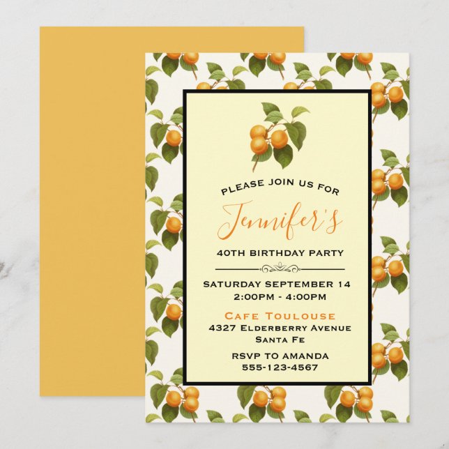 Orange Apricots Watercolor Pattern Birthday Invitation (Front/Back)