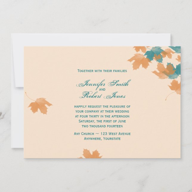 Orange Aqua Autumn Maple Leaf Wedding Invitation (Front)