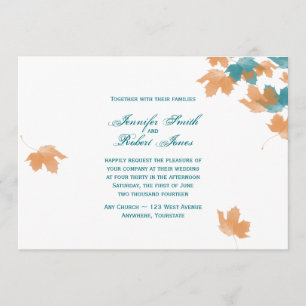 Orange Aqua Autumn Maple Leaf Wedding Invitation