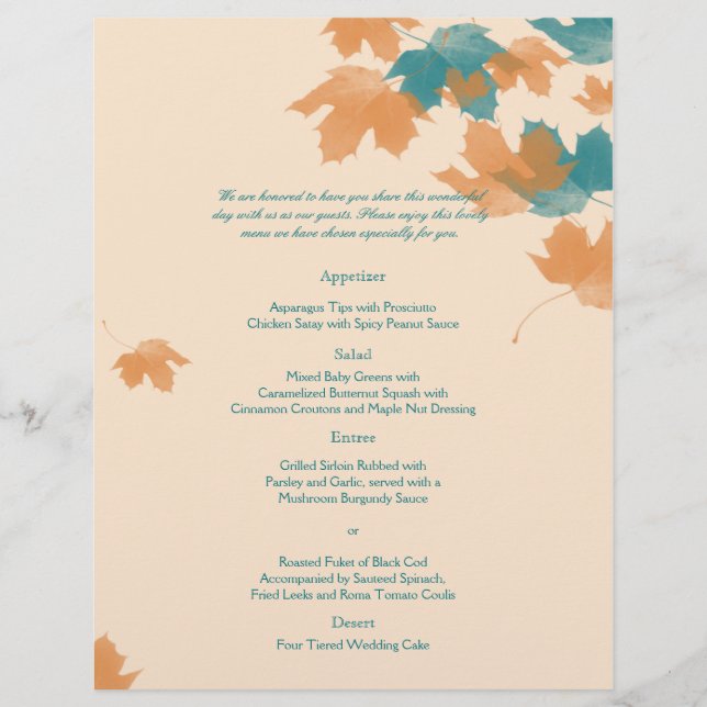 Orange Aqua Autumn Maple Leaf Wedding Menu (Front)