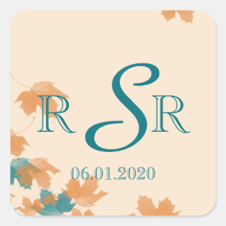 Orange Aqua Autumn Maple Leaf Wedding Monogram Square Sticker