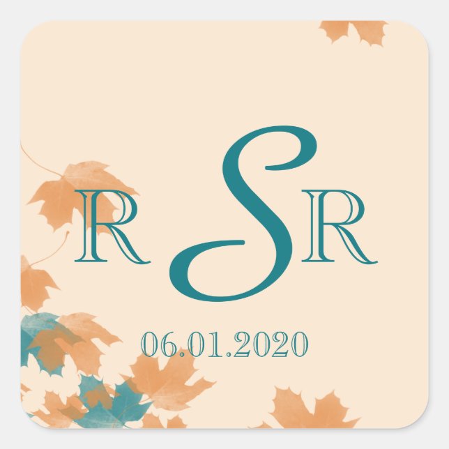 Orange Aqua Autumn Maple Leaf Wedding Monogram Square Sticker (Front)