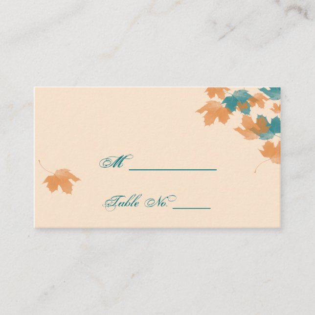 Orange Aqua Autumn Maple Leaf Wedding Place Cards (Front)