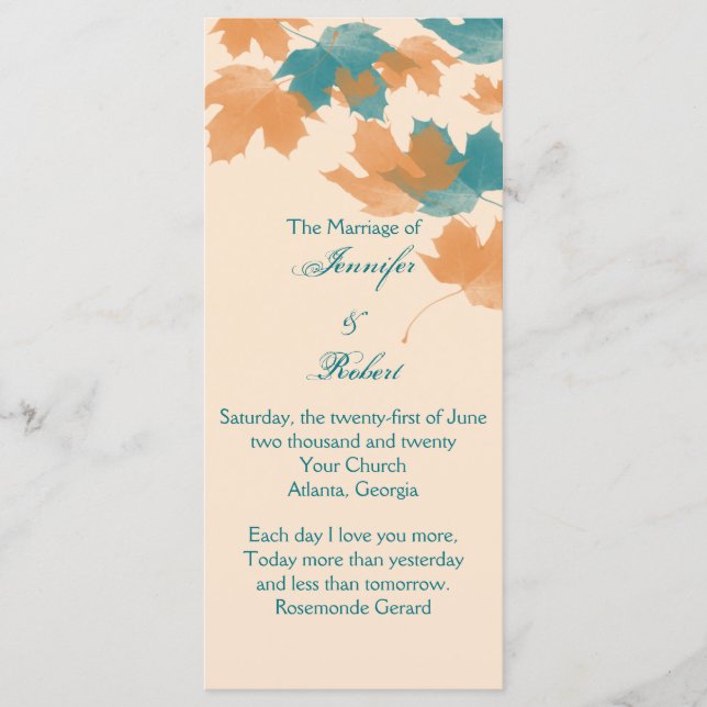 Orange Aqua Autumn Maple Leaf Wedding Program (Front)