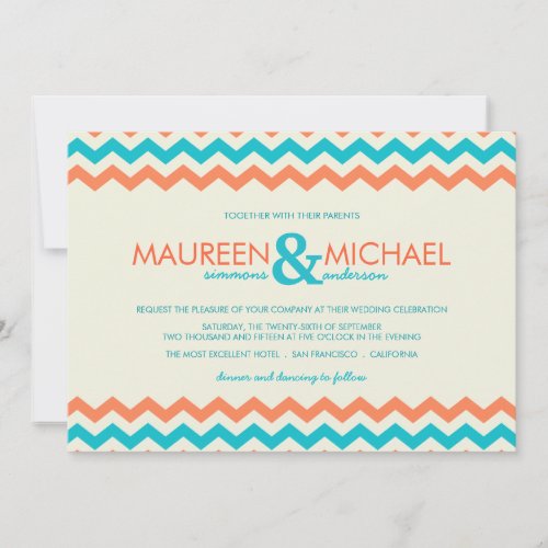 Orange &amp; Aqua Chevron ZigZag Wedding Invitations