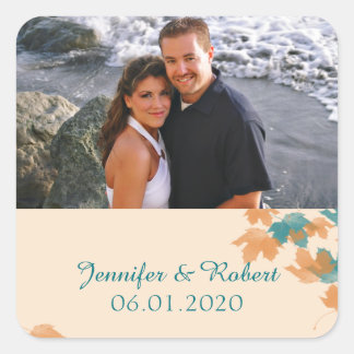 Orange Aqua Maple Leaf Wedding Favor Sticker