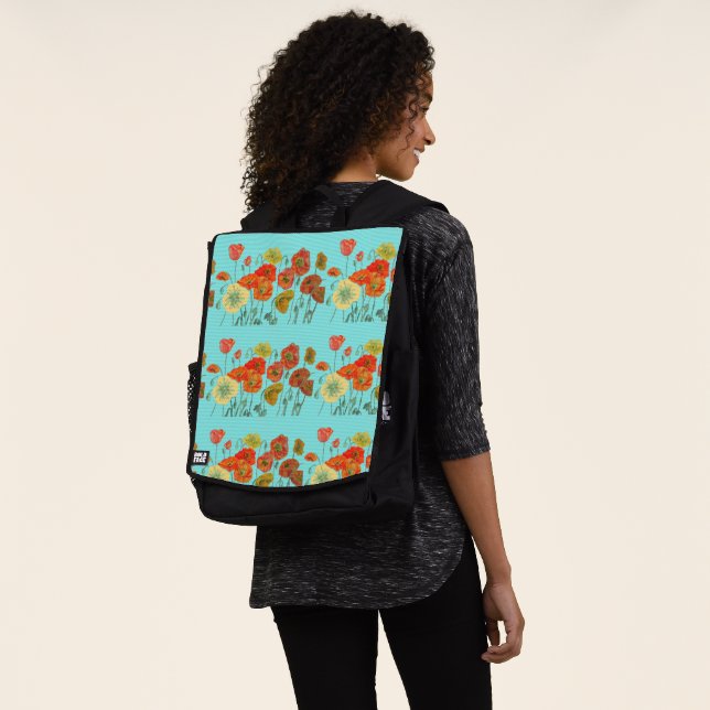 Orange Aqua Poppy floral Watercolor Backpack (Worn)