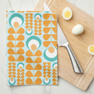 Orange, Aqua, Teal Mid Mod Flowers Pattern Kitchen Towel