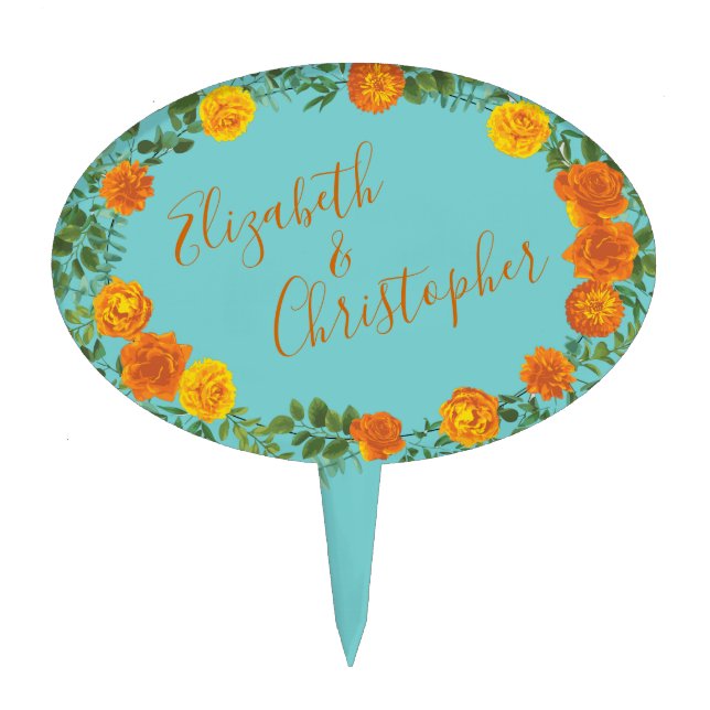 Orange & Aqua Wedding Modern Floral Cake Topper (Front)