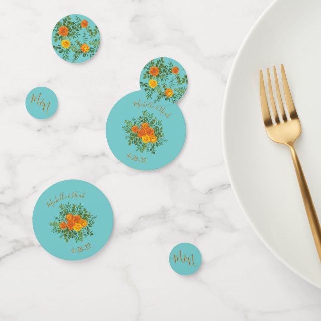 Orange & Aqua Wedding Modern Floral Confetti (Group)