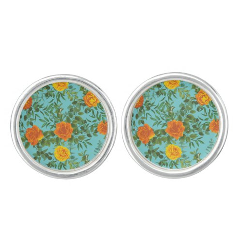 Orange  Aqua Wedding Modern Floral Cufflinks