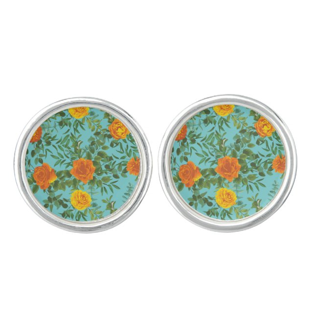 Orange & Aqua Wedding Modern Floral Cufflinks (Front)