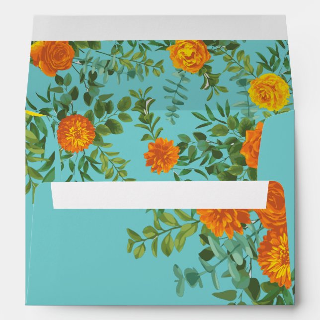 Orange & Aqua Wedding Modern Floral Envelope (Back (Bottom))
