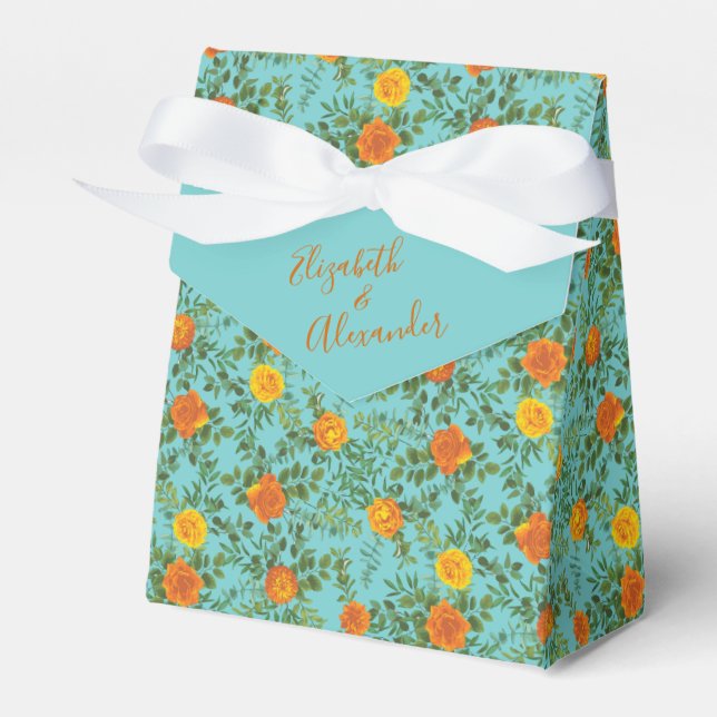 Orange & Aqua Wedding Modern Floral Favor Boxes (Front Side)
