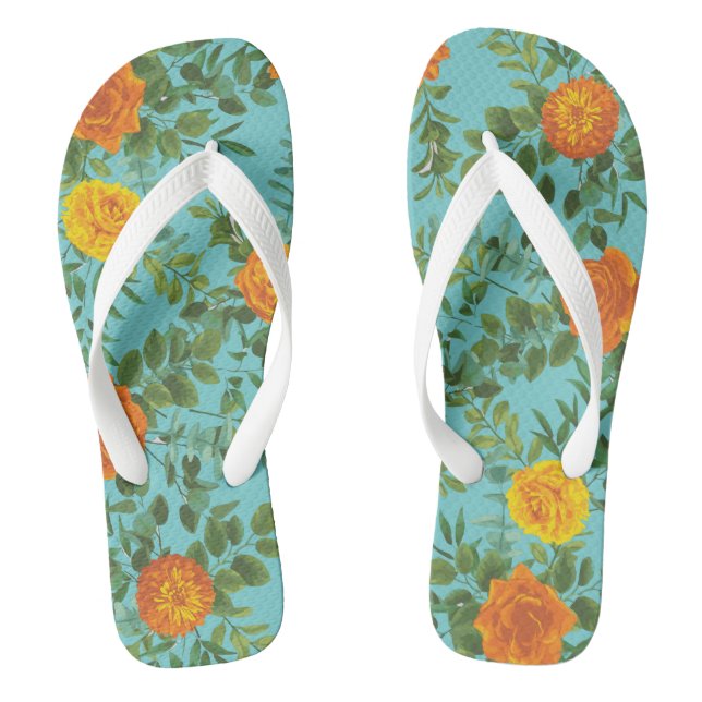Orange & Aqua Wedding Modern Floral Flip Flops (Footbed)