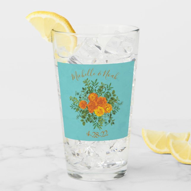 Orange & Aqua Wedding Modern Floral Glass (Front Ice)
