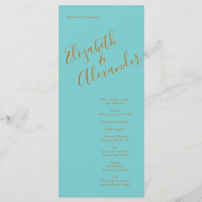 Orange & Aqua Wedding Modern Floral Menu (Front)