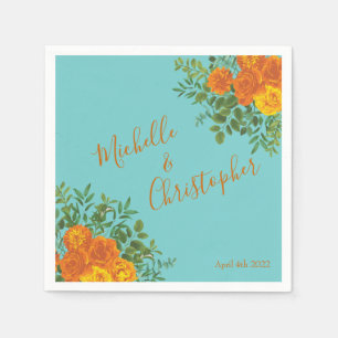 Orange & Aqua Wedding Modern Floral Napkins