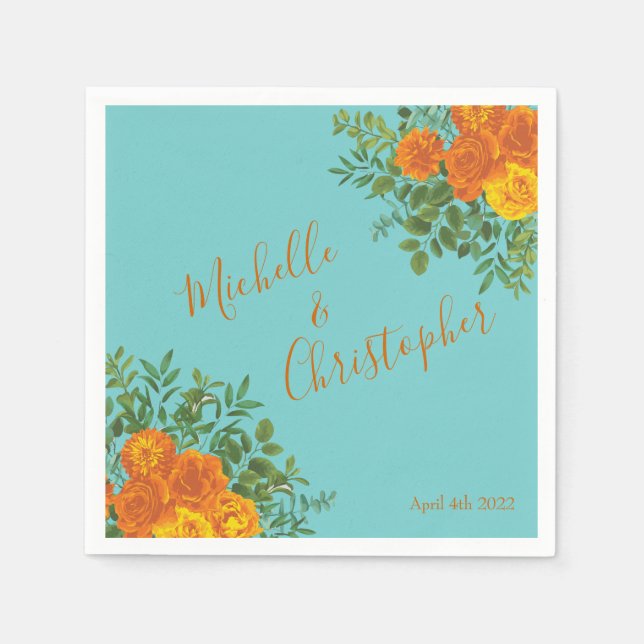 Orange & Aqua Wedding Modern Floral Napkins (Front)