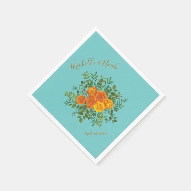 Orange & Aqua Wedding Modern Floral Napkins (Corner)