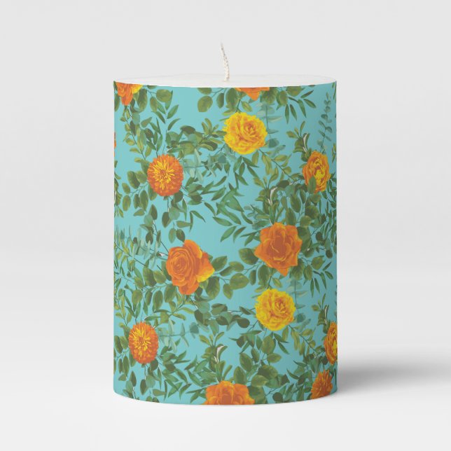 Orange & Aqua Wedding Modern Floral Pillar Candle (Front)